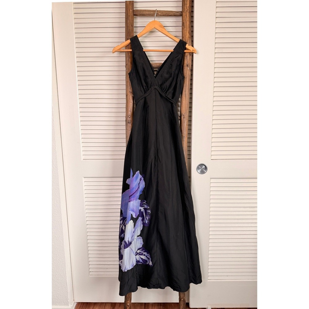 Tori Richard Hawaiian Maxi Dress 0 Black Silk Purple Floral V-Neck Empire Waist